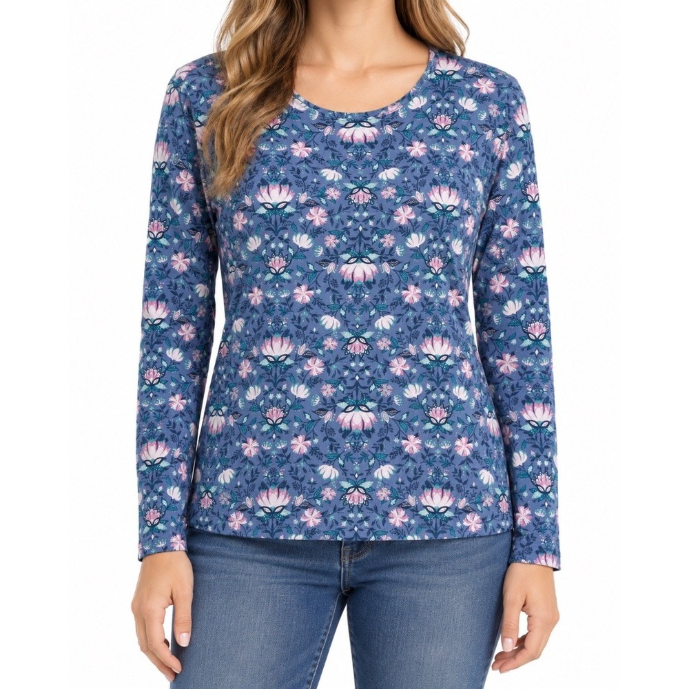 Croft Barrow Womens Classic Tee Blouse Blue Floral Print 100% Cotton Size L